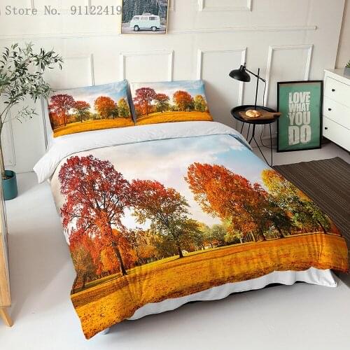 3D Golden Autumn Bedding Set Soft Microfiber Duvet Cover Deciduous Forest Printed Queen King Size 2/3pcs Comforter Bedclothes