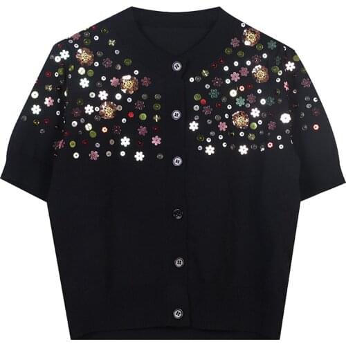 Luxury Brand Summer Round Neck Short-Sleeved Flower Sequins Loose Oversize Top Knitted Cardigan Jacket Black New Ladies Clothes