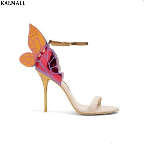 KALMALL Celebrity Dress Butterfly Sandals Mixed Color Buckle Strap High Heels Open Toe Stilettos Gladiator Angel Wings Sandalias
