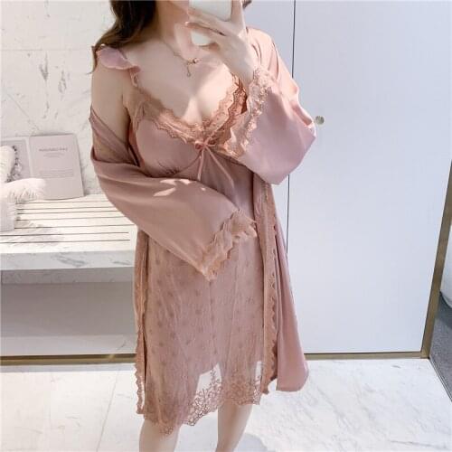Sexy silk womens pajamas Nightdress Robe 2piece Set Summer sweet lovely lace suspender bra Nightgown Spring autumn home clothes