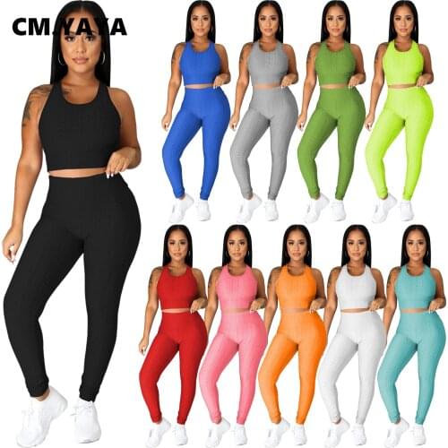CM.YAYA Solid Women Two 2 Piece Outfits Set Tank Top and Legging Pants Sport Sweatsuit Matching Set Active Workout Tracksuit