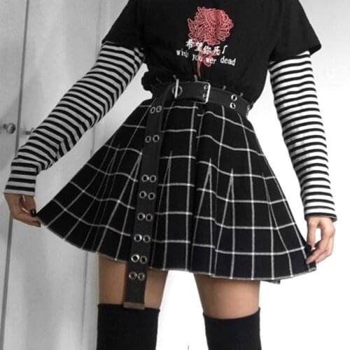 Gothic Plaid Pleated Skirt Women Summer Grunge High Waist Black Bottoms Harajuku Punk A Line Skirt