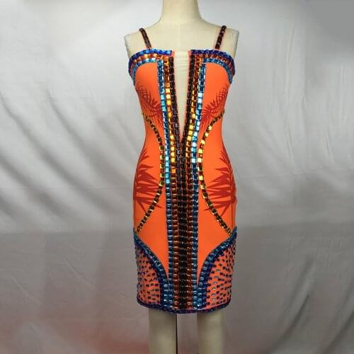 New Womens Hand-made Split Mesh Sexy Bandage Dress With Hanging Square Neck Crystal Embellishment Back Zipper And Bead Printing