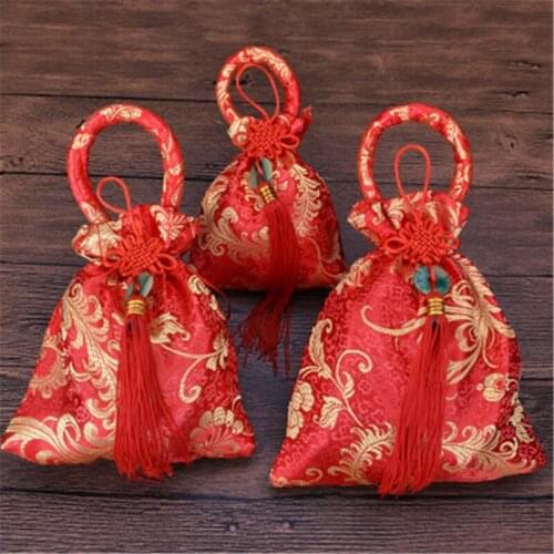 12pcs/lot Candy Bags Chinese Style Wedding-favor Gift Packaging Party-supplies Silk Handle Bag with Tassels