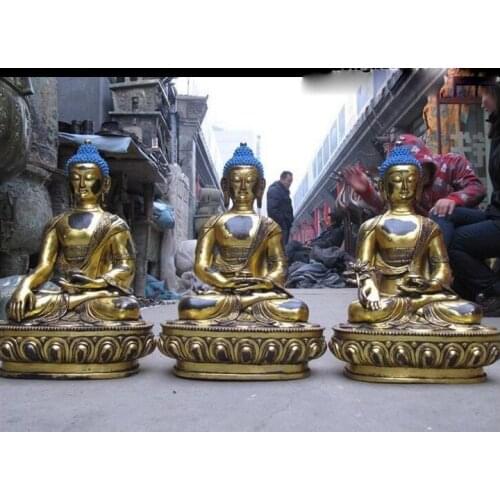 19"Tibet Buddhism Temple Bronze Gild three Sakyamuni Ru Lai Buddha statue set