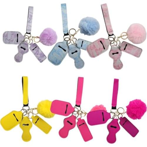 11 Colors 5pcs Keychain Set Pompom Wrist strap Lipstick Keychains Silver Keyring For Woman Men Keyrings SN3698