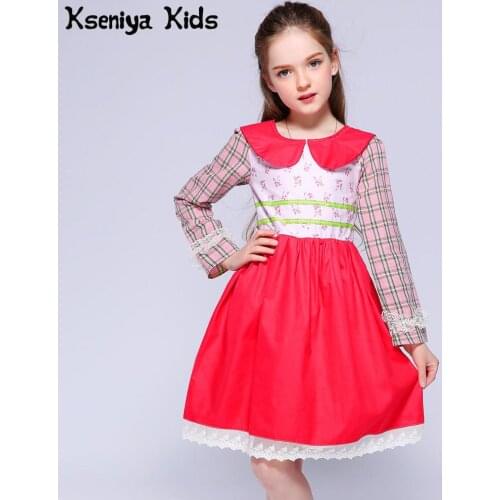 Kseniya Kids Girl Dress 2018 Spring Summer Girls Wedding Dress Peter Pan Collar Floral Plaid Solid Patchwork Girl Party Dress