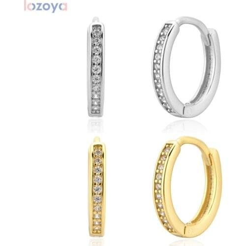 LOZOYA 925 Sterling Silver Gold Big 11mm Huggies Hoops Clear Zircon Fashion Fine Jewelry Piercing Ohrringe Pendientes For Women