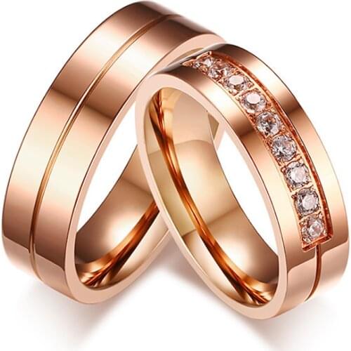 Fashion CZ Stones Stainless Steel Ring Couple Wedding Ring for Women / Men Rose Gold Color Lover Engagement Jewelry