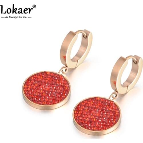 Lokaer Black Red Rhinestone Simple Round Circle Earrings Titanium Steel Rose Gold Color Female Hoop Earrings Brincos E18018