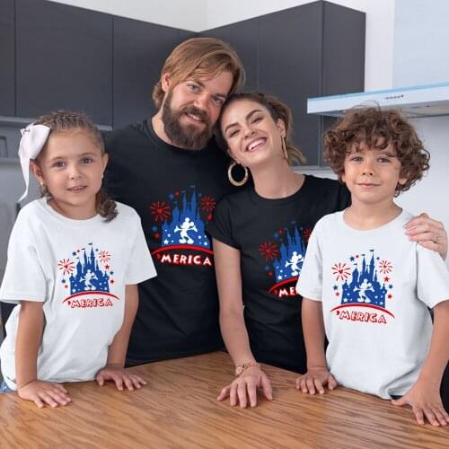 Disney Family Matching Clothes Cartoon Pattern MERICA Letter Printing Mickey Mouse Adult Unisex Top Kawaii Fashion Outdoor Loose