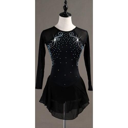 Figure Skating Stage Performance Dresses Women Adult/Child Long Sleeve Black Shiny Diamond Costumes Modern Dance Clothes DQL3260