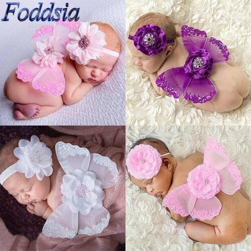 Foddsia Girls Angel Wings Headband Flower With Rhinestone Hairband Kids Hair Accessories For Newborns Photography Props CH61