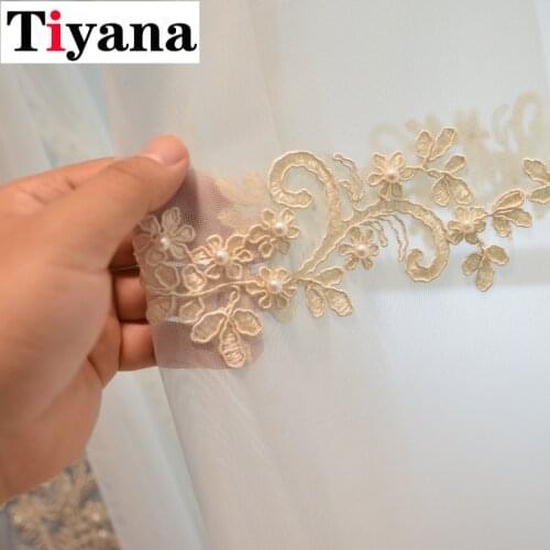 Luxury Pearls Embroidered Tulle Curtains for Living Room Flowers Rope Embroidery Gauze Window Drapes for Bedroom JK037Z