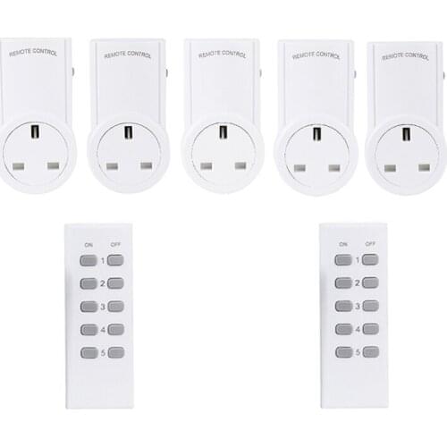 Smart Plug Remote 433.92mhz Control Wireless Socket Programmable Electrical UK Switch (5 Socket+2 Remote)