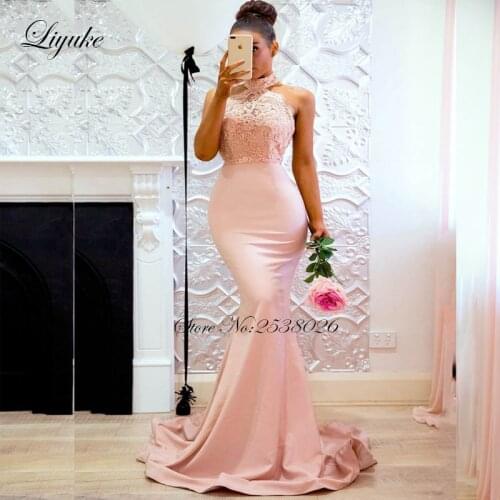 Liyuke Halter Neckline Backless Mermaid Evening Dress Elegant Sleeveless Formal Dress 12 colors avaliable