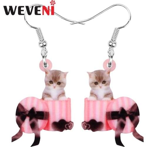 WEVENI Acrylic Valentines Day Gift Box Tea Cup Cat Earrings Drop Dangle Jewelry For Women Lady Girl Teen Charms Decoration Gift