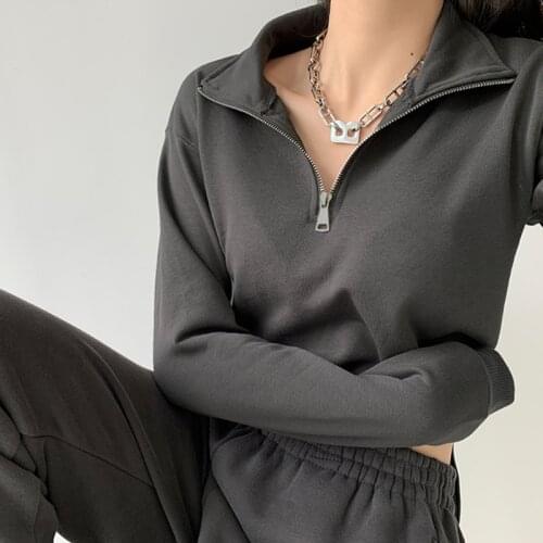WOMENGAGA Vintage Street Half Zipper Long Sleeve Casual Sports Tops Spring Loose Solid Color Short Women Sweatshirt HBAV