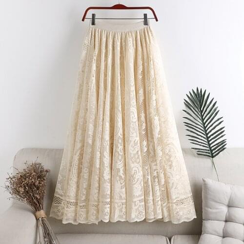 2021 Spring Summer Long Tulle Skirt Women Korean Style Lace Hollow Out High Waist Aesthetic Maxi Pleated Skirt Female VD2298