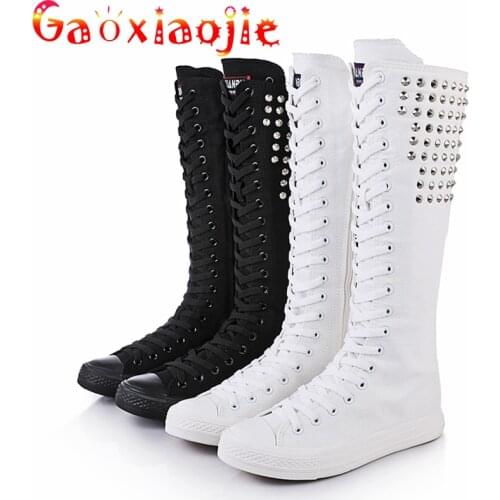 Boots Women Breathable Punk Rivet Shoes Fashion Wild High Top Long-tube Boots 2021 Autumn Side Zipper Front Lace-up Dance Shoes