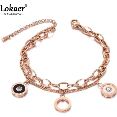 Lokaer Double Layers CZ Roman Numerals Bracelet Bangle For Women Stainless Steel Link Chain Bohemia Summer Beach Jewelry B19088