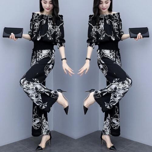 Womens Casual Suit 2021 Summer New Blouses Tracksuit Off-shoulder Collar Black Crop Top Wide Leg Flare Pant Fashion 2 Piece Set