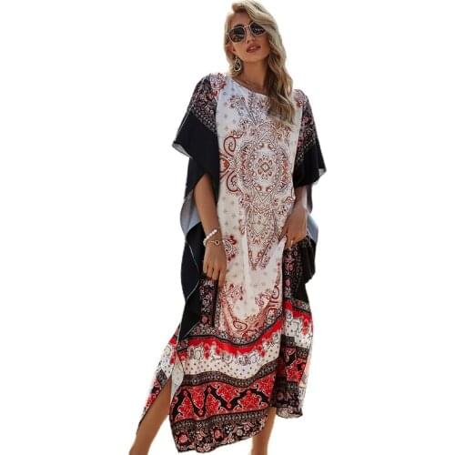 Women Floral Print Side Split Beach Tunic Dress Oversized Loose Maxi Kaftan Drawstring Waist Bikini Swimsuit Cover Up H9ED