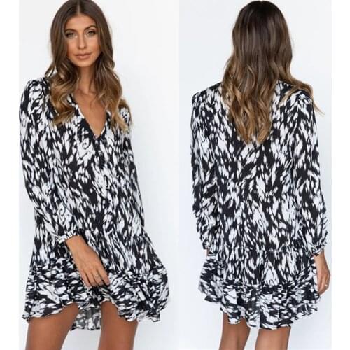 2021 Women Summer Dress Boho Style Long Sleeve Print Chiffon Beach Dress Loose Mini Party Dress