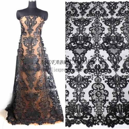 La Belleza 1 yard Black cord sequin brand evening/wedding dress lace fabric 51'' gold/black/off white/deep blue cord brides lace