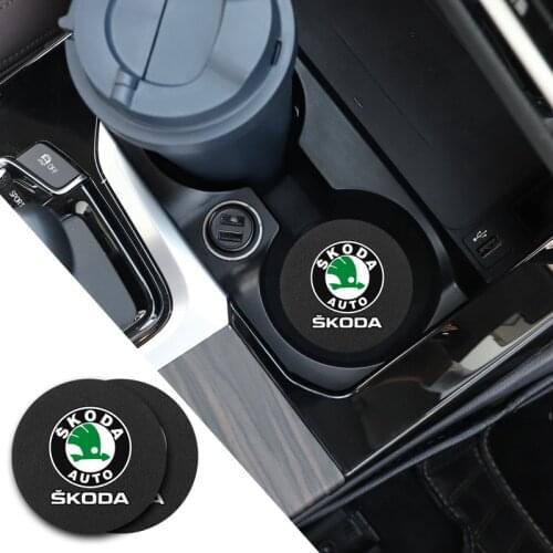 2Pcs Car Cup Mat PU Leather Auto Cup Slot Non-Slip Coaster For Skoda Octavia Rapid Fabia Kodiaq Karoq Superb Kamiq Scala