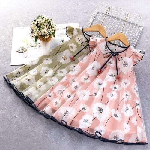 2021 Summer Kids Beach Dress Korean Baby Girls Cute Floral Dress Casual Loose Net Yarn Princess Dress For Girl Child Clothing