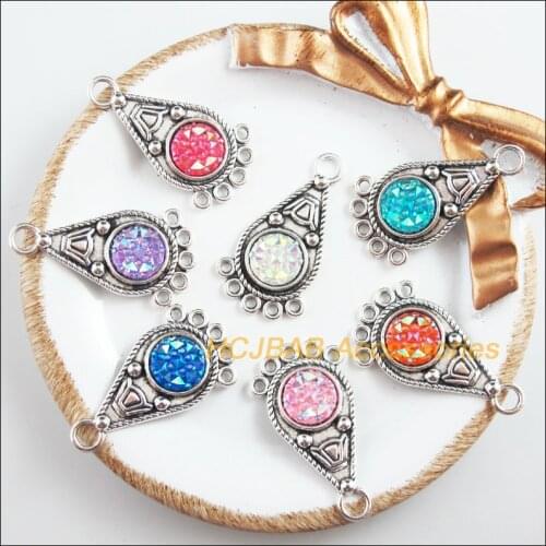 7 New Teardrop Charms Tibetan Silver Tone Retro Mixed Round Resin Pendants 19x35mm