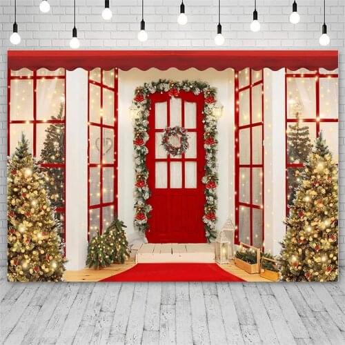 Avezano Photo Backdrop Winter Merry Christmas Tree Mistletoe Wreath Red Door Light Decor Kid Photography Background Photo Studio