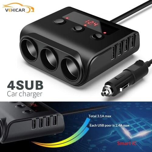 VEHICAR 12-24V 4 USB Ports Car Charger QUICK Car Cigarette Lighter Socket Splitter Car Charger With ON/OFF 3.0 Cigarette Lighter