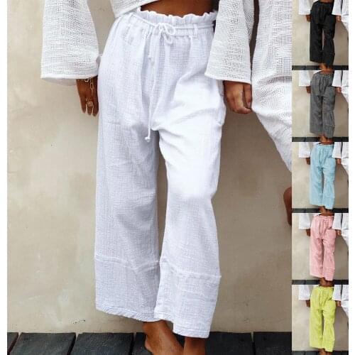 Cotton Linen Wide Leg Womens Pants Midi Waist Solid Drawstring Loose Ankle-length Trousers For Female Plus Size 2021 Summer New