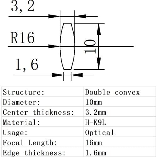 Double Convex Lens Diameter 10mm Focal Length 16mm H-K9L Glass Lens Optical Glass Optical Lens