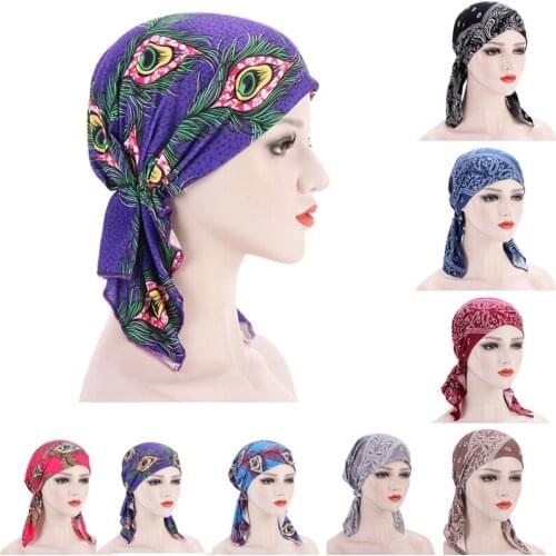 Stretchy Muslim Cotton Head Scarf Turban Caps Ethnic Printed Hijab Bonnet Ladies Cancer Chemo Cap Arab Islamic Wrap Turbante