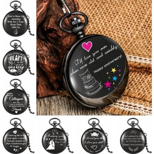 Creative Commemorative Theme Text Customized Printing Quartz Pocket Watch Wedding Anniversary Valentines Day Gifts for Men Women