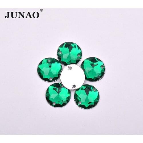 JUNAO 8 10 12 14 16 mm Dark Green Round Sewing Rhinestones Flatback Acrylic Gems Sew On Crystal Stones for Clothes Needlework