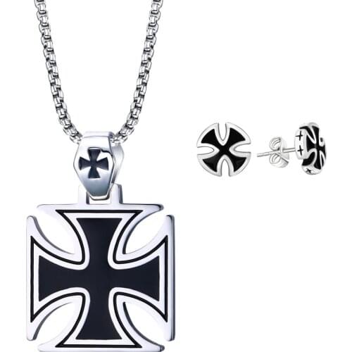 Fashion Knights Templar Iron Jewelry Sets for Men Boy Cross Necklace Pendant Earrings Maltese Male Jewelry 24Inch Chain