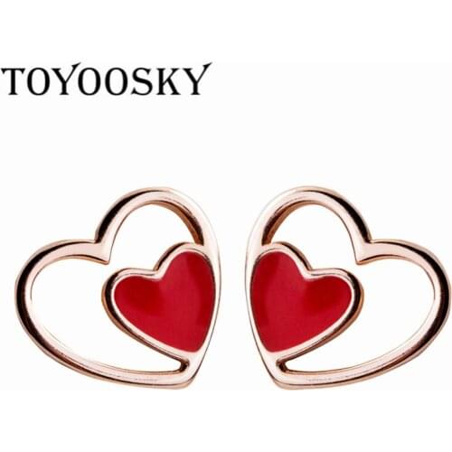 TOYOOSKY Trendy Rose Gold Color Sterling Silver Red Heart Stud Earrings For Women Double Hearts Ear Jewelry Female Accessories