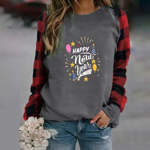 New Autumn Winter Warm Blouse Ladies 2021 New Year Long-sleeved Red Plaid O-neck Sweatershirt Tops S-3XL Plus Size Streetwear