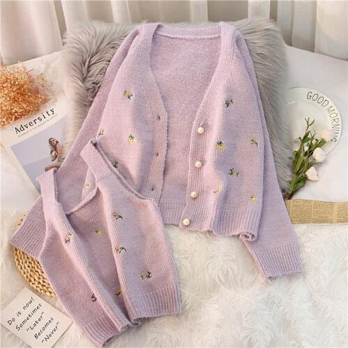 Autumn Elegant Embroidery Knitted Cardigan Sweater And Knitted Camisole Two Pieces Long Sleeve Sweaters Short Tops Women C7456