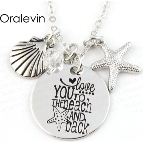 Love you to the beach and back Beach Shell Starfish Disc Charms Necklace Lover Gift For Kids Jewelry,22MM, 10Pcs/Lot,#LN102
