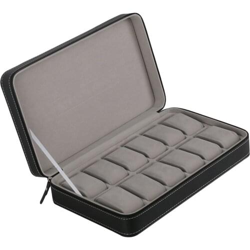 12 Slots PU Watch Box Zipper Watches Display Case, Jewelry Storage Organizer with Removable Soft Cushions, Collection Boxes