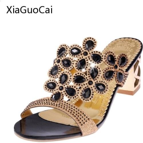 Size 35-41 Big Crystal Women Sandals Thick Heel Party High Heels Shoes Black Slip-on Peep Toe Womens Sandals X947 35