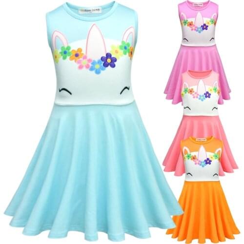 Summer Girls Princess Dresses Teenager Girl Cartoon Unicorn Print Dress Children Casual Sundress Baby Cute Sleeveless Dresses