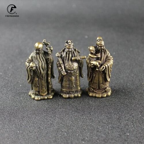 Antique Bronze Taoism Three Gods of Blessing Wealth Longevity Statue Pure Copper Buddha Figurines Ornaments Feng Shui Home Decor