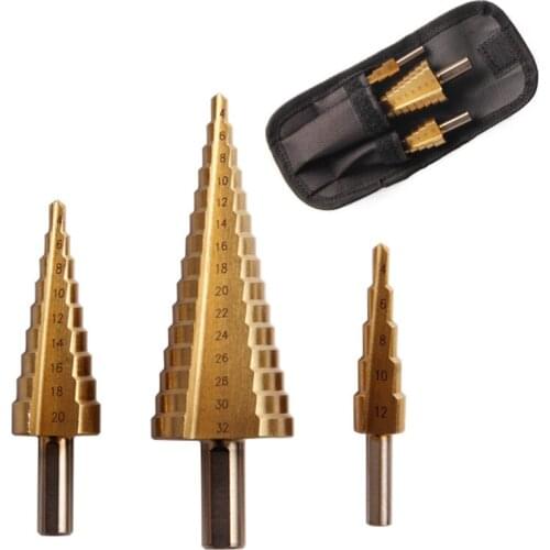 3Pcs Step Drill Bit 4-12/4-20/4-32mm HSS4241 Triangle Shank Pagoda Ladder Drill Titanium Coated Hole Cutter Tools