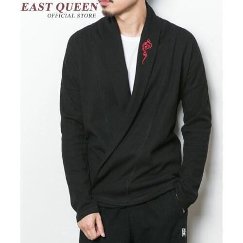 Chinese traditional men clothing casual long sleeves cotton tops oriental mens clothing solid color vintage cardigan KK497 Q